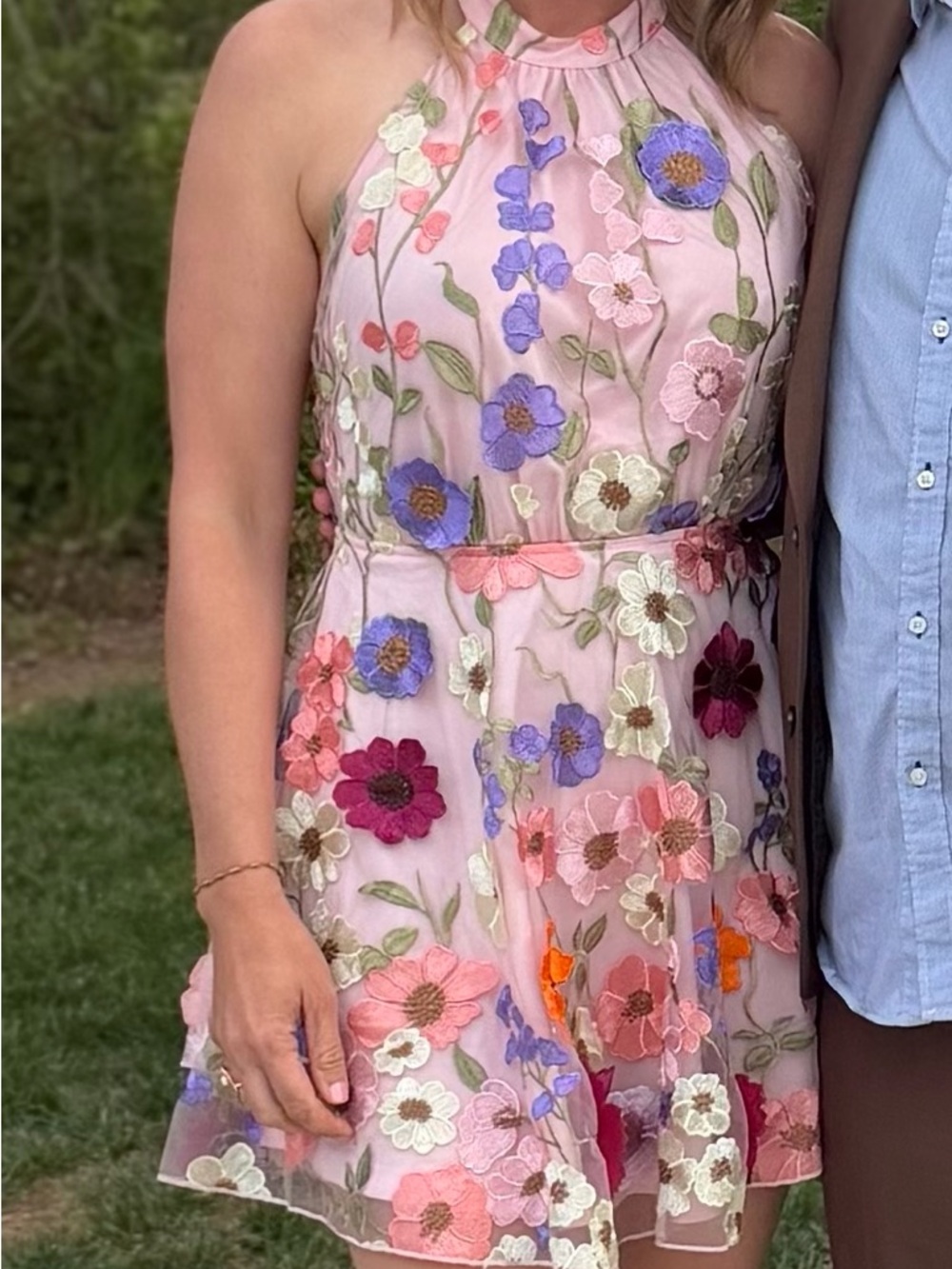 Lulu's Blooming Bliss Pink 3D Floral Embroidered Halter Mini Dress